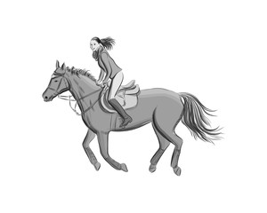 Fototapeta na wymiar Woman Jockey on racing horse. Sport sketch. Champion. Hippodrome. Racetrack. Equestrian. Derby. Speed. Isolated on white background. Vector illustration.