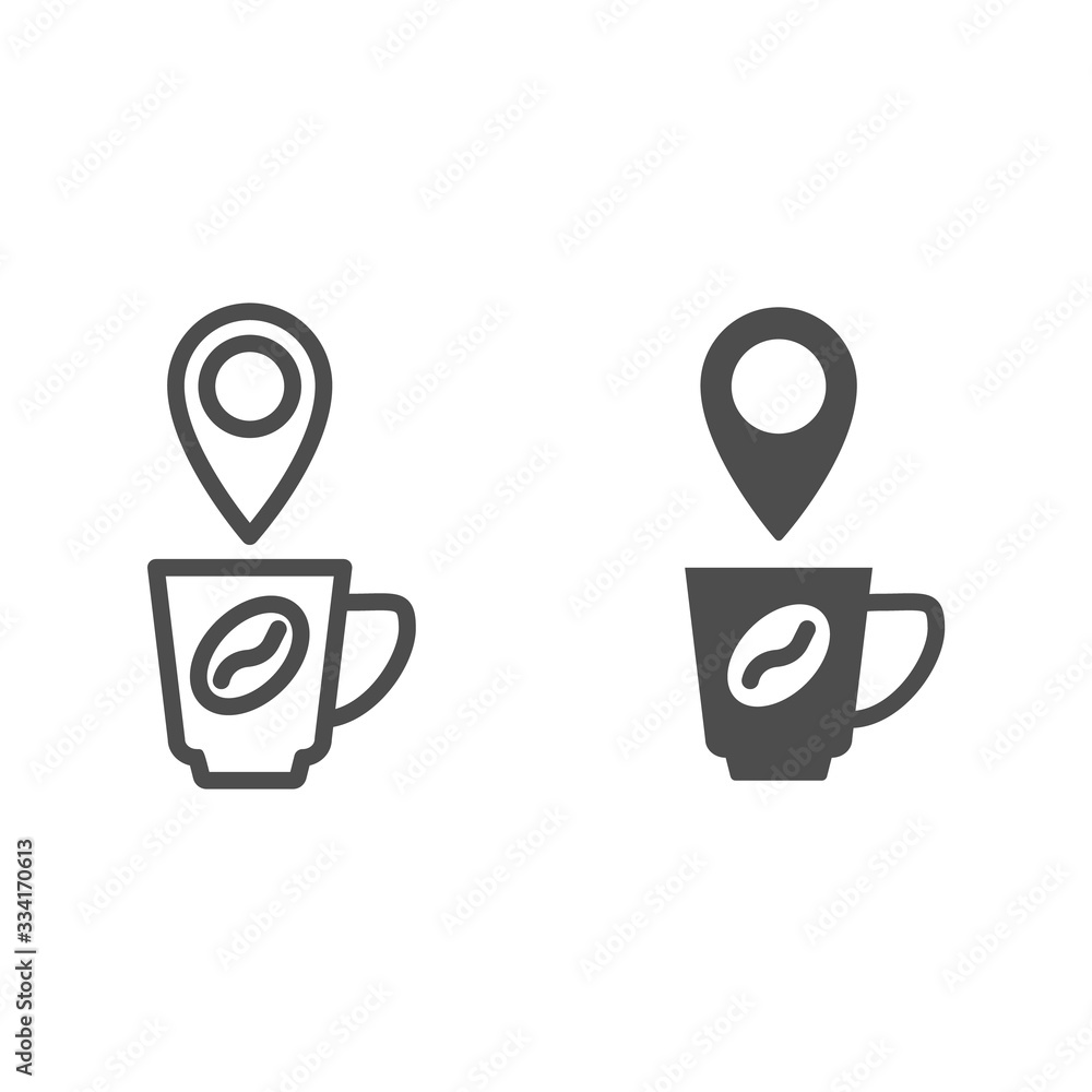Poster cup of coffee with location line and solid icon. map pin with mug and bean symbol, outline style pic