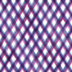 Watercolor stripe diagonal plaid seamless pattern. Colorful pink purple stripes on white background