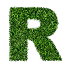 Letter of grass alphabet. Grass letter R isolated on white background. Symbol with the green lawn texture. Eco symbol collection. 3D illustration.