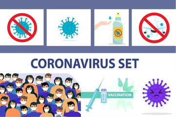 Coronavirus infographics set, icons flat style. COVID-19 hand disinfector hand treatment, stop virus sign, masked people, vaccination. Vector illustration