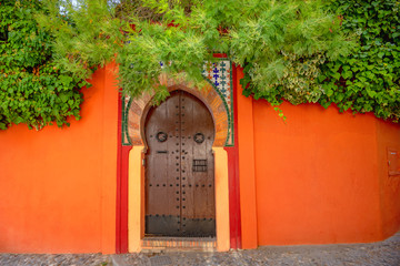Fototapeta na wymiar Architectural landscape with colorful wall and wooden stylish door in old district Albaicin. Granada, Andalusia, Spain