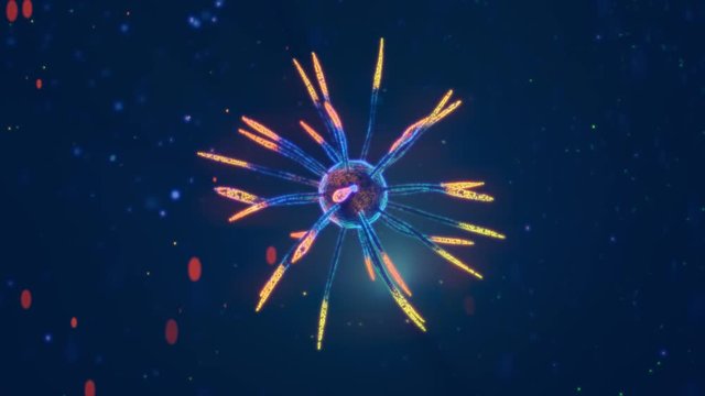 Virus with bio luminescent, glowing spikes. Not any particular virus, but could picture flu, herpes or corona virus infection. 3D animation.