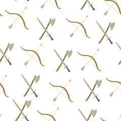 Seamless pattern with a medieval sword, a battle ax, a bow and an arrow on white background. Vector hand drawn illustration. Flat design. Great fabrics for boy, wrapping papers, wallpapers, covers.