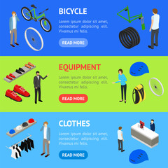Bicycle Shop Concept Banner Horizontal Set Isometric View. Vector