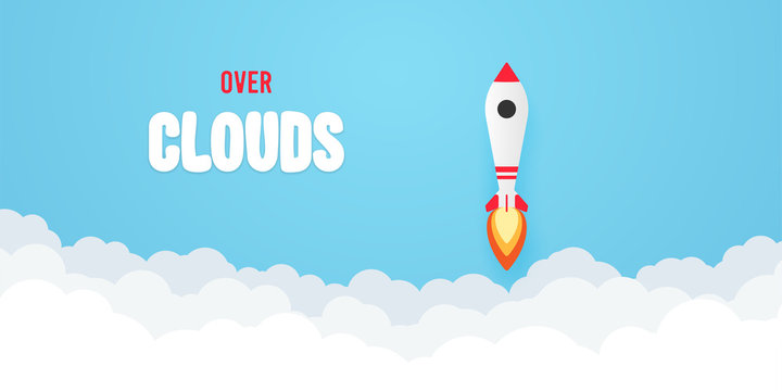 Rocket launch in the sky flying over clouds. Business concept. Simple modern cartoon design in flat style