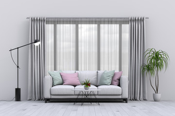 interior modern living room with sofa,  plant, lamp, decoration, 3D render