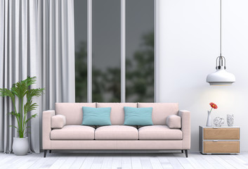 interior modern living room with sofa,  plant, lamp, decoration, 3D render