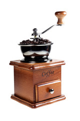 Vintage coffee grinder on a white background.