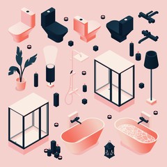 Set drawn in pink and black for bathroom with furniture and sanitary, plumbing isometric in various foreshortening. Vector concept collection