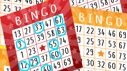 Bingo red and orange tickets. Festive lottery background for banner, poster, wallpaper, website, cover, social media