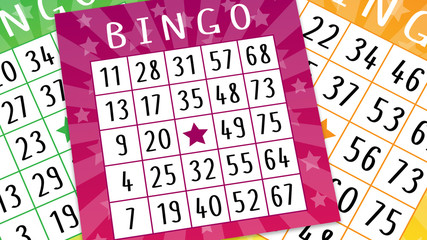 Fun background with pink, green and orange bingo tickets. Lottery background for banner, poster, wallpaper, website, cover, social media