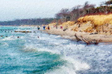 Storm weather at baltic sea coast at darss peninsula in germany. oil illustration.