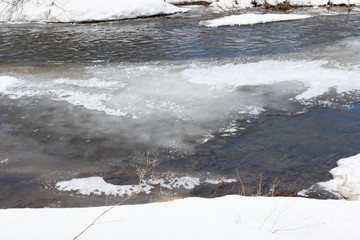 Winter rural river snowy landscape. Forest river in winter snow. Winter Forrest River Peisash
