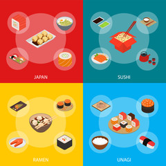 Japanese Food Concept Banner Set 3d Isometric View. Vector
