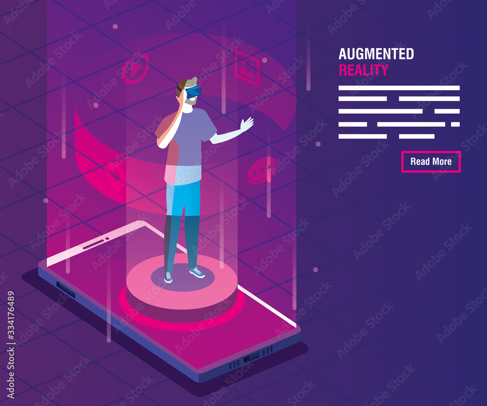 Poster man with glasses of reality augmented and smartphone vector illustration design
