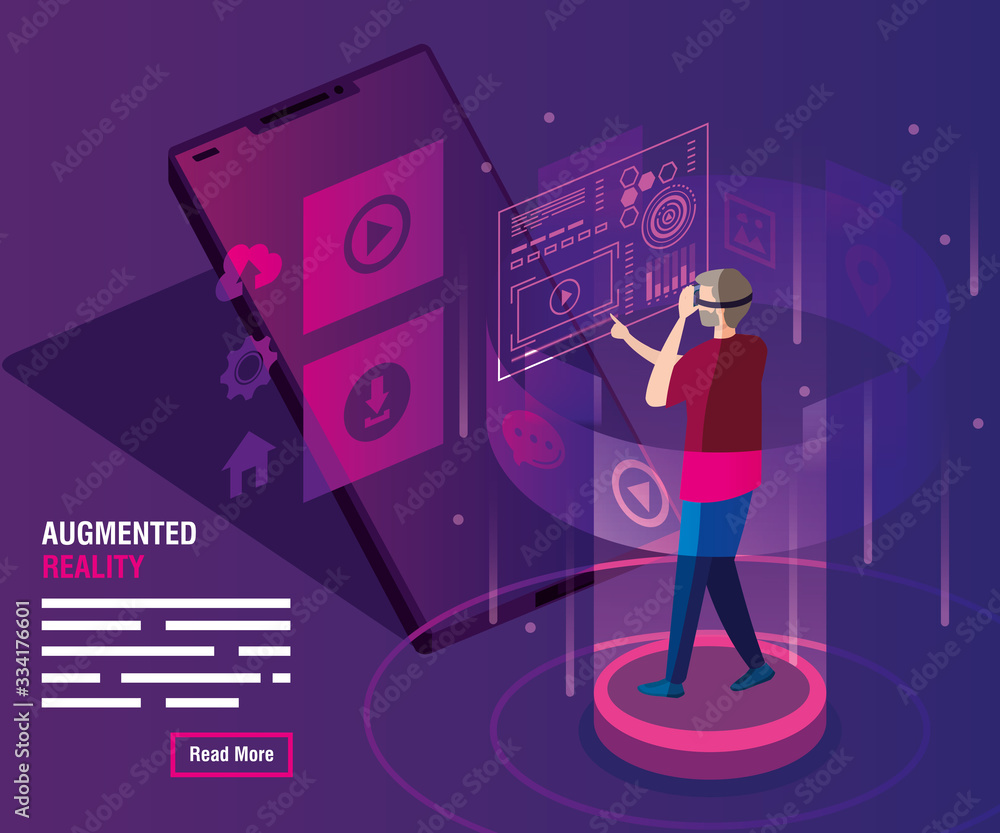 Poster man with glasses of reality augmented and smartphone vector illustration design