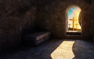 He is Risen. Empty Tomb. Crucifixion at Sunrise. -3d rendering. - Illustration.
