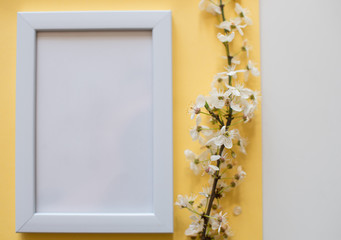 White blank frame on yellow background with flower. Minimalistism background. Mock up frame. Summer or travel concept. Copy space