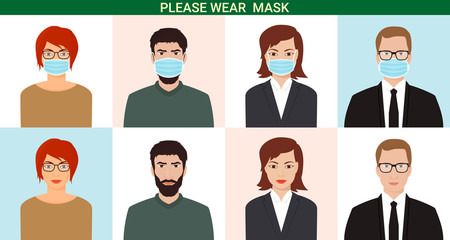 Male and female avatars in medical masks to prevent coronavirus Covid-19. Vector icons set.