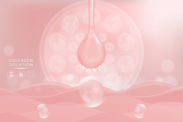 Hyaluronic acid skin solutions ad, pink collagen serum drop with cosmetic advertising background ready to use, illustration vector.	