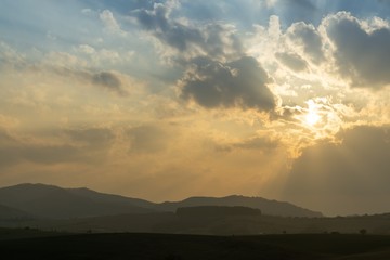 Sunrise or sunset over the hills and meadow. Slovakia