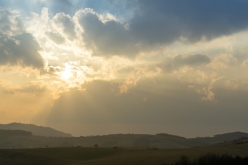 Sunrise or sunset over the hills and meadow. Slovakia