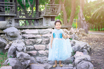 Portrait of cute smiling little girl in princess costume standing in the park