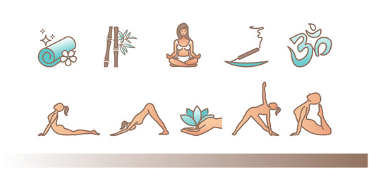 Yoga postures illustration. Woman do sport exercises. Healthy life icon set