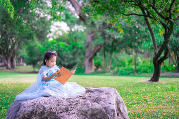 A little cute asian girl in princess costume reading a book sitting in the park