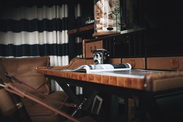 Fototapeta na wymiar Elegant desk in luxury interior.luxury style.preparation to travel in luxury