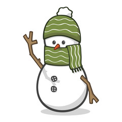 Vector illustration of a waving snowman dressed with a green scarf and hat. Isolated on white. Can represent themes of winter, greeting, welcoming, holidays, December, fun in the snow, dressing warm a