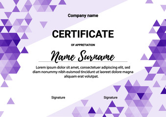 Certificate of appreciation template, purple color. Business diploma background for training graduation or course completion. Vector illustration.