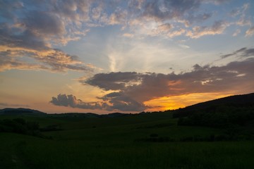 Obraz premium Sunrise or sunset over the hills and meadow. Slovakia