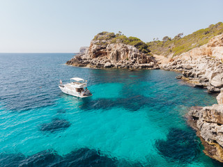 Mediterranean Sea beach at Majorca island, stunning seaside scenery of Cala s'Almunia, Spain Balearic Islands.