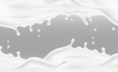 Milk splash frame pattern isolated on transparent background. 3d realistic yogurt or dairy cream wave border with drops. Vector milky package design..