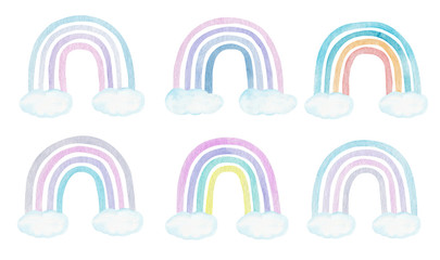 Watercolor set on rainbows and clouds. Digital paper. Kids illustration. Colorful nursery art.