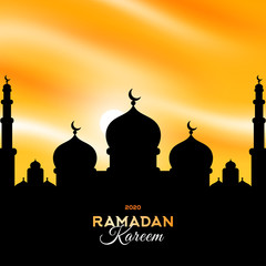 Sultan Grand Mosque silhouette at sunset, vector illustration. Ramadan Kareem banner or greeting card with place for your text.