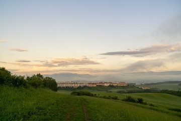 Obraz premium Sunrise or sunset over the hills and meadow. Slovakia
