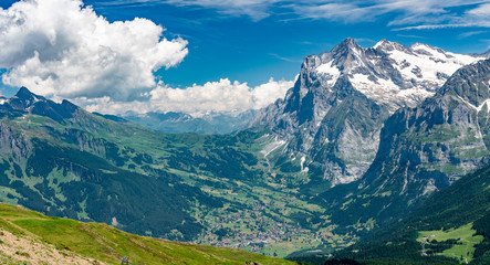 Naklejka na ściany i meble Switzerland, Panoramic view on Grindelwald valley and Wetterhorn and green Alps around