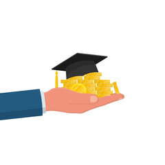 Educational loan. Graduation hat and a stack of coins in hand. Scholarship concept.