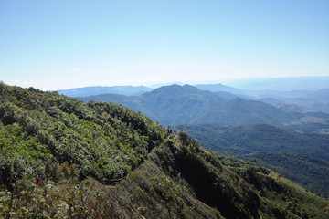 Fototapeta na wymiar Asian Mountines with blue sky panoramic view.