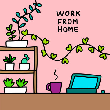 Work from home hand drawn vector illustration in cartoon comic style laptop quarantine isolation office vibrant colors