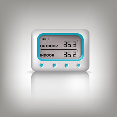 Isometric Medical Digital Non-Contact Infrared Thermometer. It measures the ambient and body temperature without contact with colored warning symbols.
