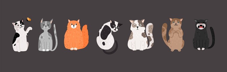 Seated cats. Doodle pets with different emotions. Cute, angry, aggressive and funny cat vector illustration