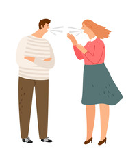 Agressive screaming characters. Family quarrel, woman man bad behavior. Husban and wife conflict vector illustration