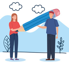 Obraz premium couple creative with light bulb in landscape vector illustration design