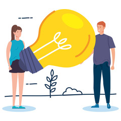 couple creative with light bulb in landscape vector illustration design