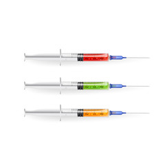 set of medical syringe with needle, with red, green and yellow serum. Realistic sketch vector graphic color illustration on white background