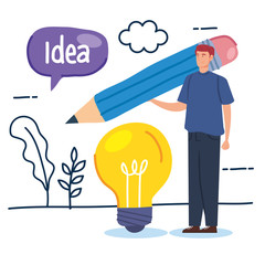 man creative with light bulb and pencil vector illustration design